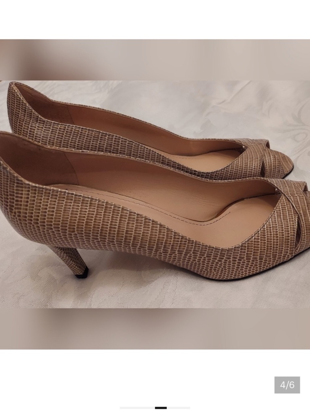 Stuart Weitzman Taupe Lizard-Embossed Peep-Toe Pumps - Picture 4 of 6